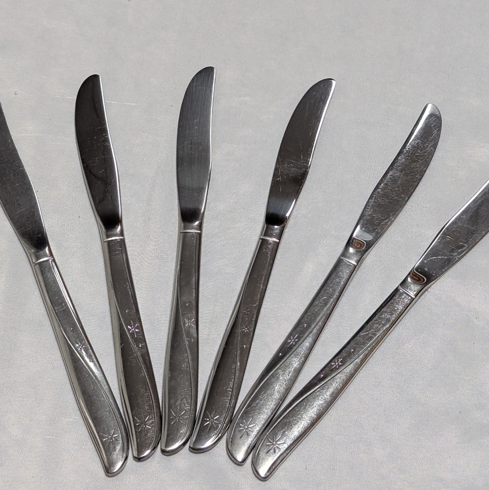 Set Of 6 Oneida Community Twin Star Dinner Knives MCM Atomic Stainless Steel‎